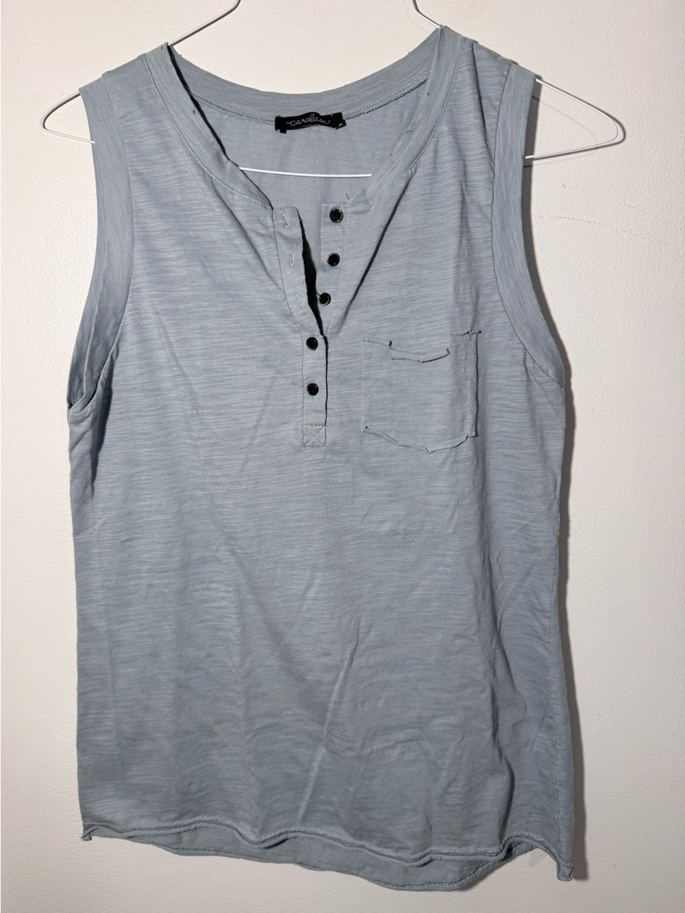 Henley Distressed Tank Top with Pocket - Casual Sleeveless